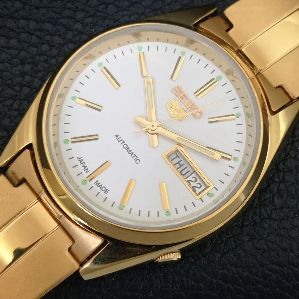 Vintage 1985 Seiko Automatic Mens Gold Watch W/daydate & White accents
